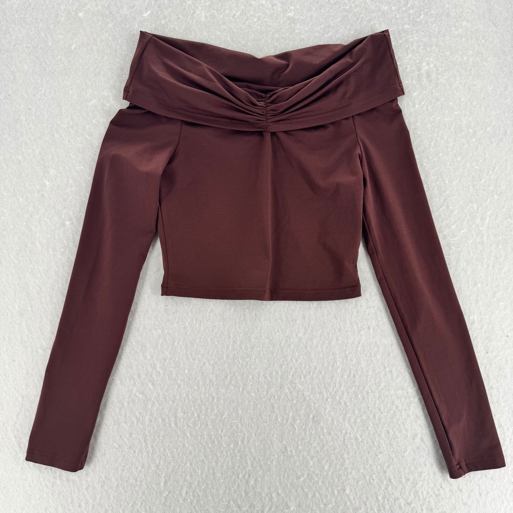 Commense - Off Shoulder Ruched Crop Top - Brown - S - Womens